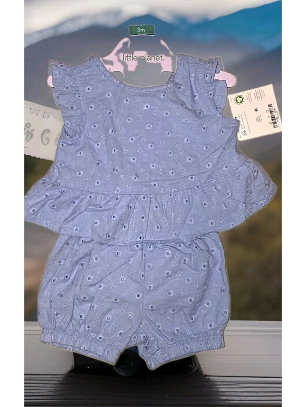Little Planet 3-6M 2pc Outfit Set Blue Eyelet Ruffle ORGANIC 100% Cotton